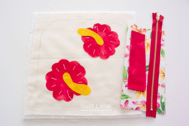 ペンケース ハイビスカス アイボリー セット済み セット済みキット ペンケース ハワイアンキルトバッグのキルト ラナイ キット専門店